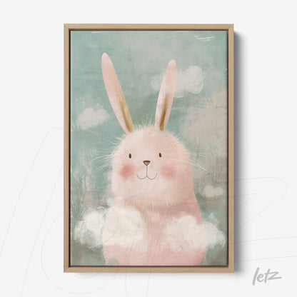 framed wall art with a cute pink bunny illustration against a light blue background