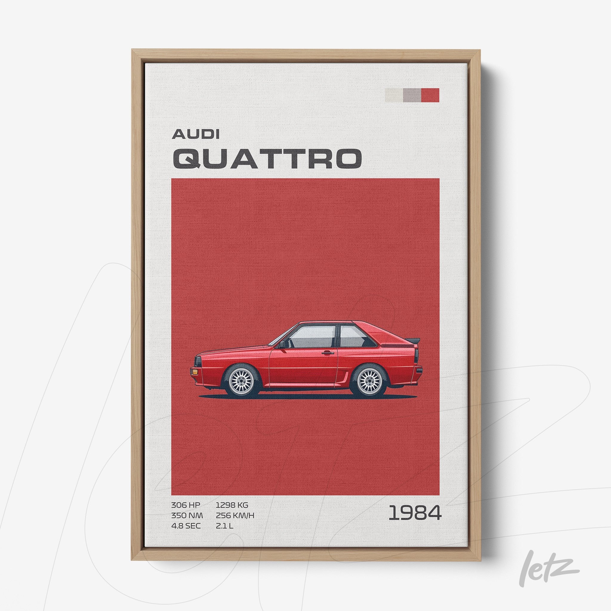 framed wall art featuring an illustration of the Audi Quattro with a red background and light wood frame