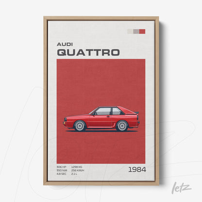 framed wall art featuring an illustration of the Audi Quattro with a red background and light wood frame