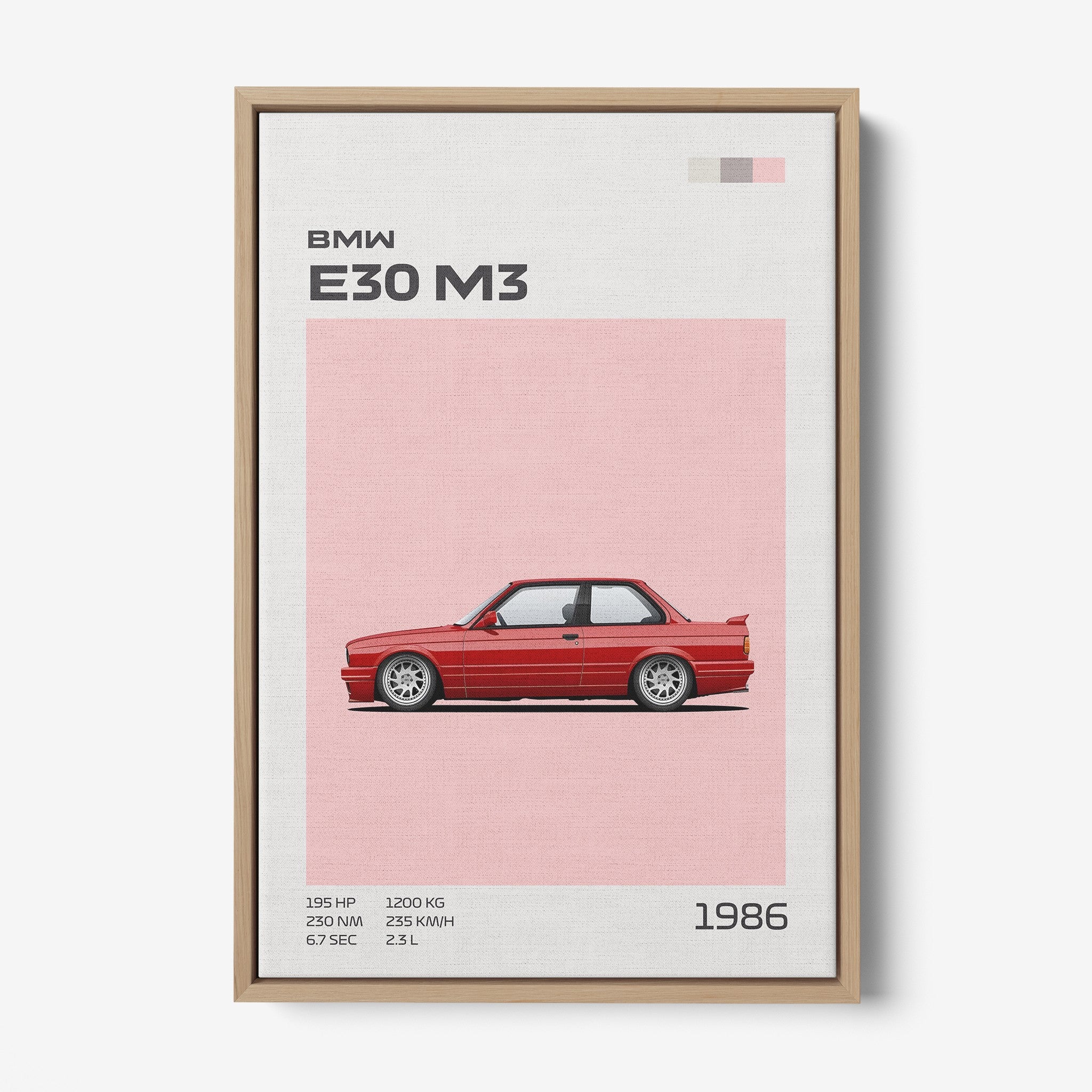framed wall art featuring a minimalist illustration of the BMW E30 M3 on a pink background with light wooden frame