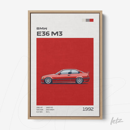 framed artwork of a BMW E36 M3 car in red background with light wood frame
