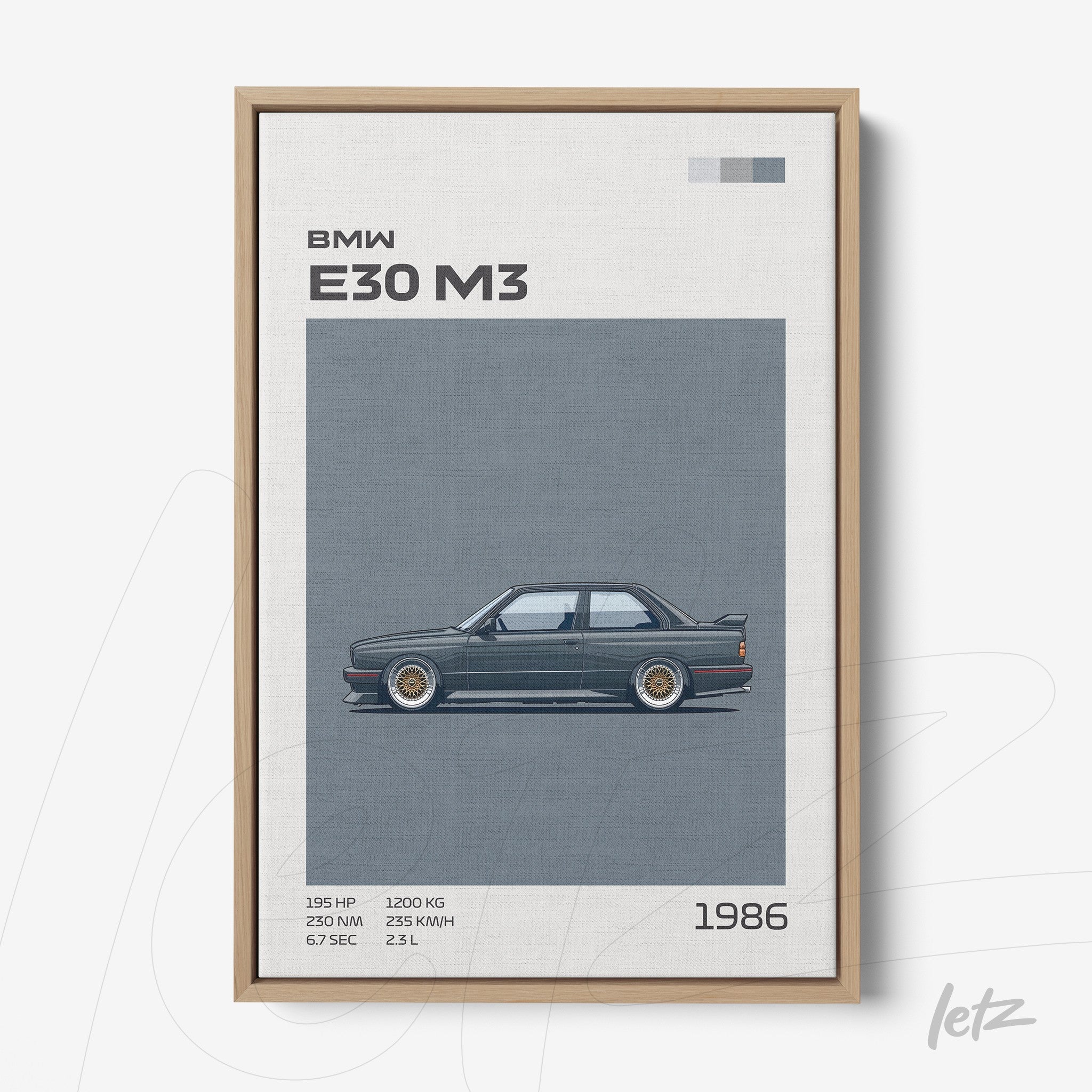 framed artwork featuring BMW E30 M3 illustration with light wood frame and white background