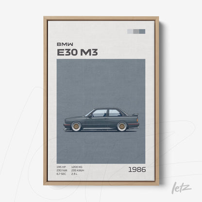 framed artwork featuring BMW E30 M3 illustration with light wood frame and white background