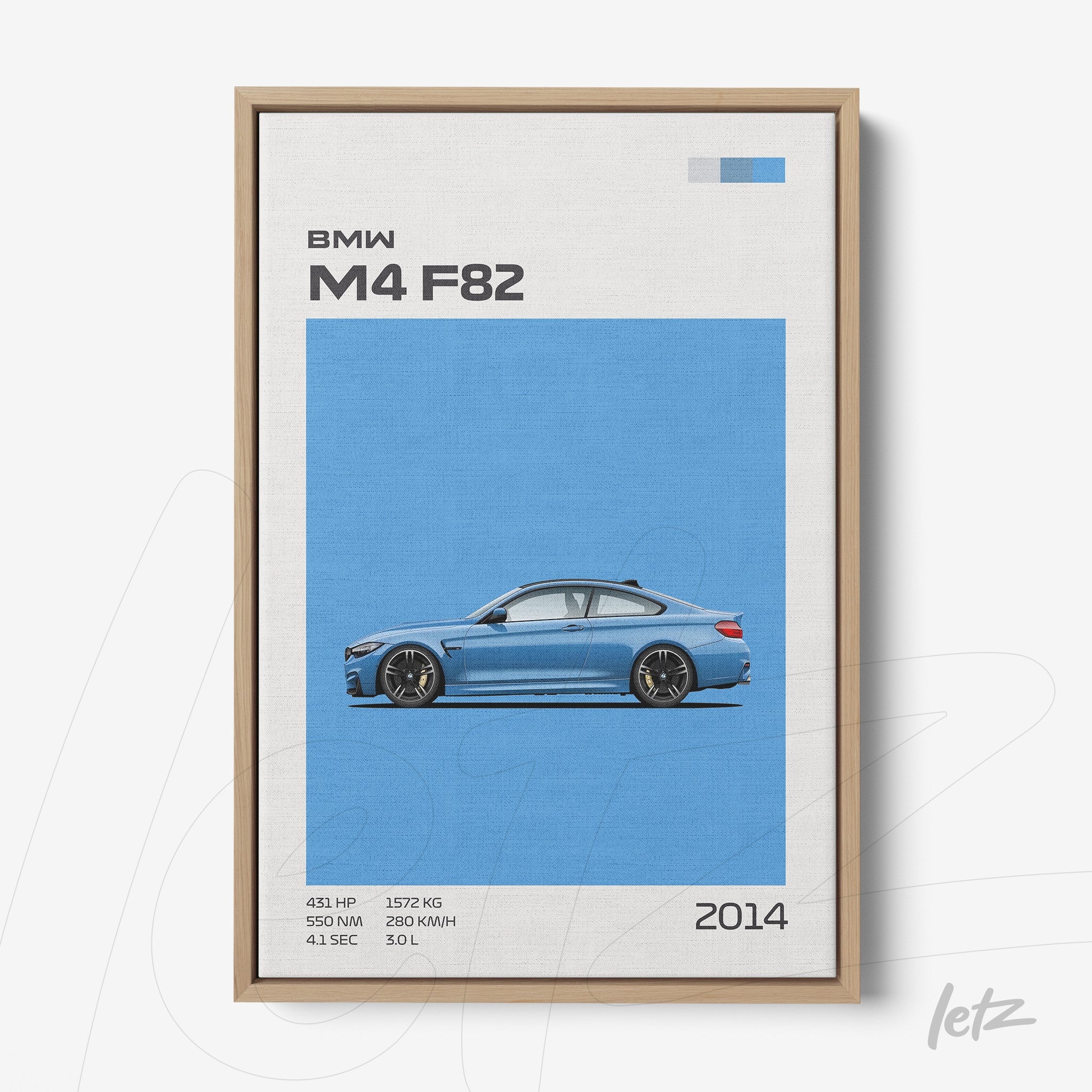 canvas print featuring an illustration of the BMW M4 F82 in a light blue background with a light wood frame