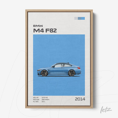 canvas print featuring an illustration of the BMW M4 F82 in a light blue background with a light wood frame