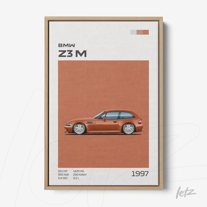 framed wall art featuring an illustration of the 1997 BMW Z3M with a light wood frame