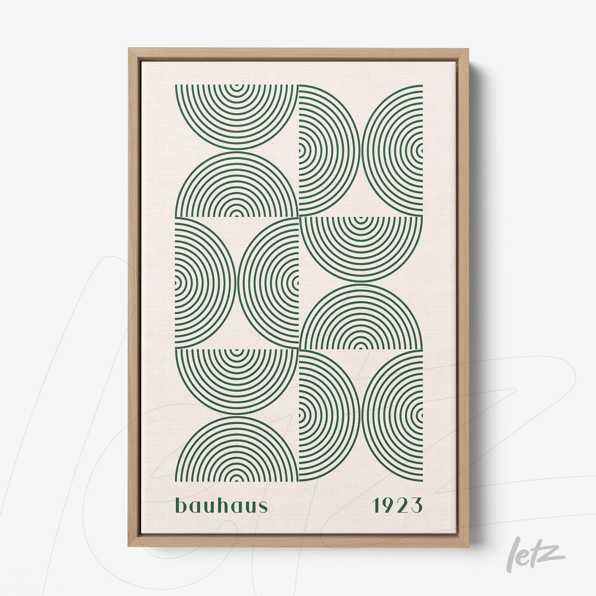 poster featuring green circular pattern in Bauhaus style with light wood frame