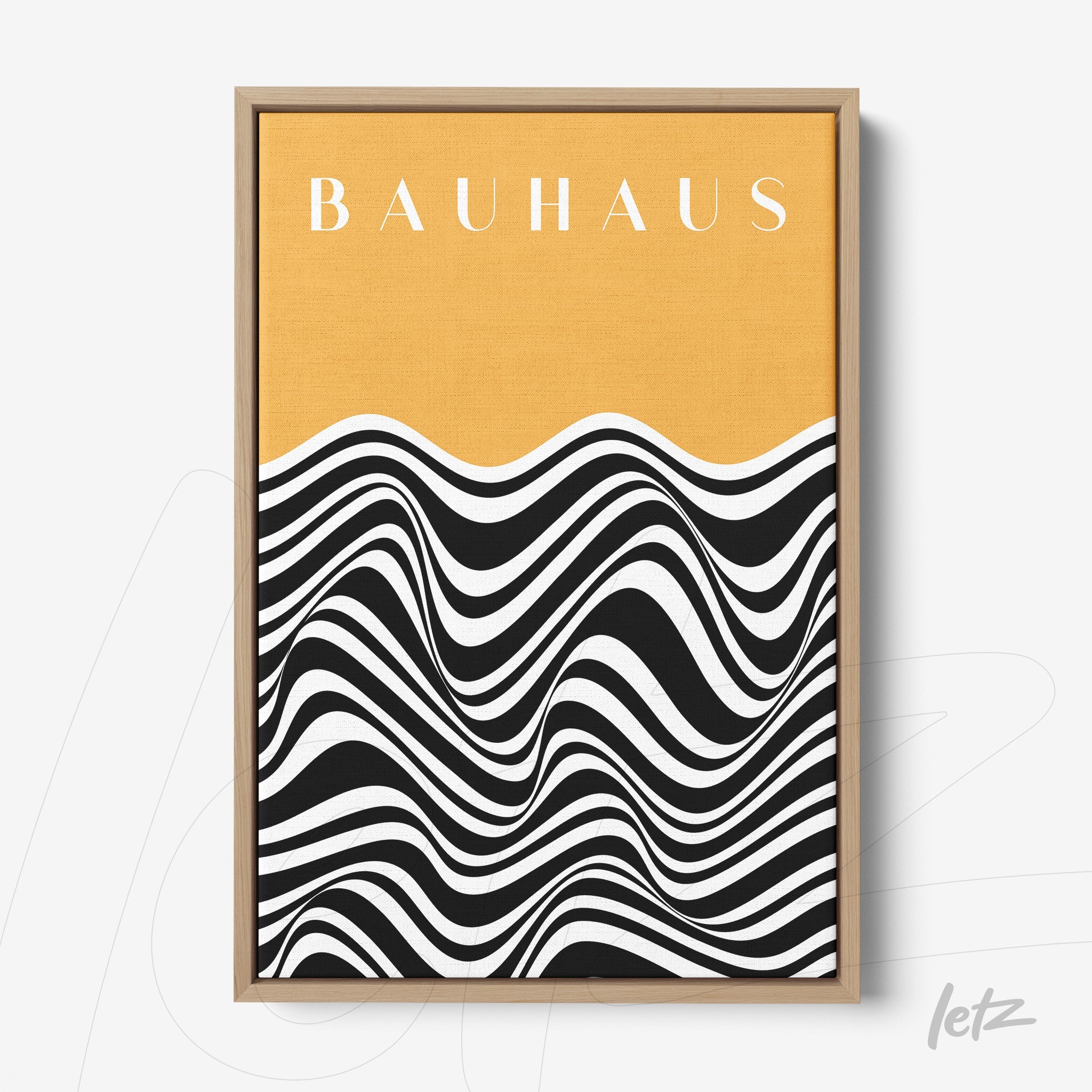 framed abstract bauhaus style art with wood frame and yellow background