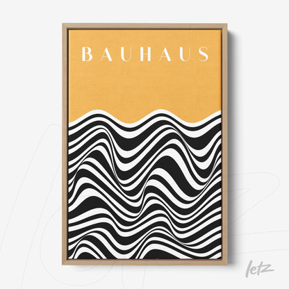 framed abstract bauhaus style art with wood frame and yellow background