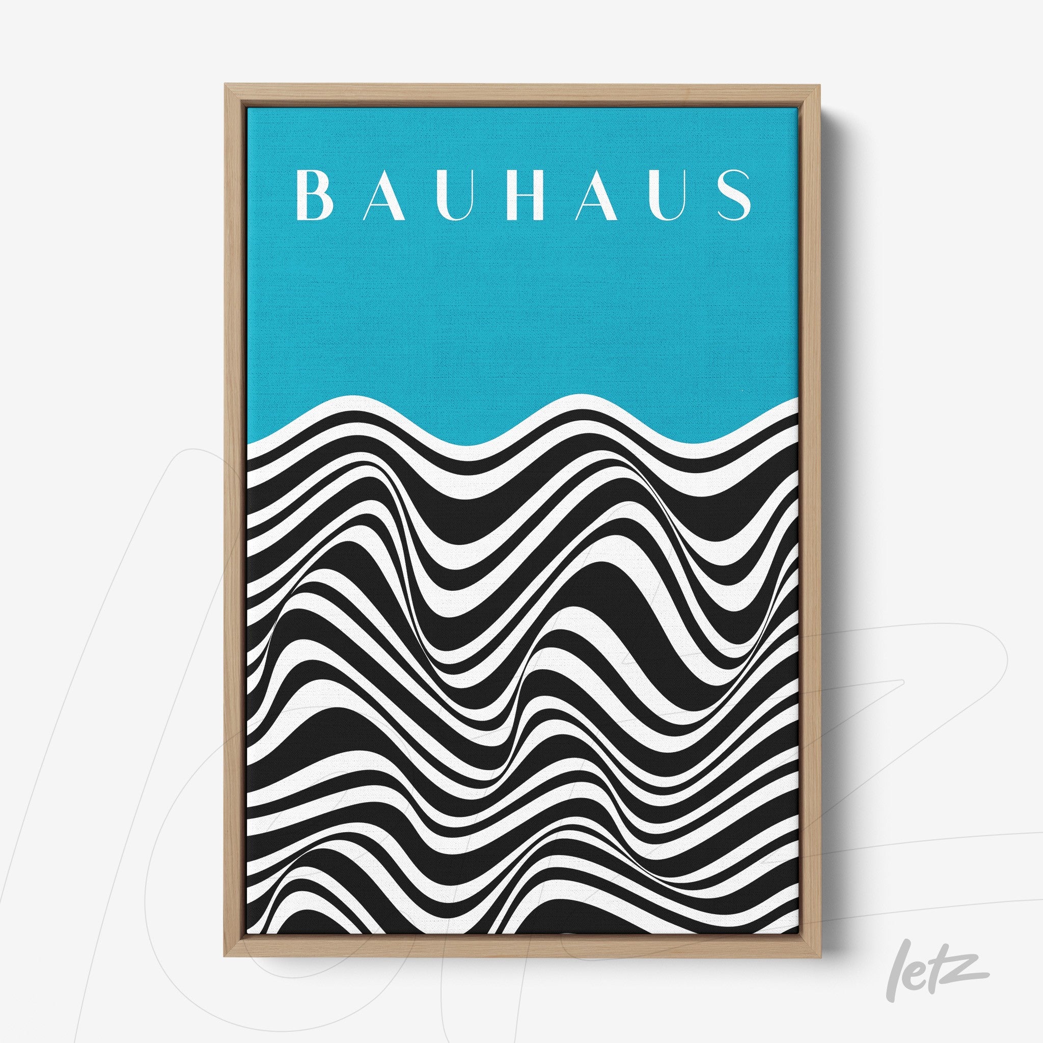 canvas print featuring black and white geometric art in Bauhaus style with a blue background and light wood frame