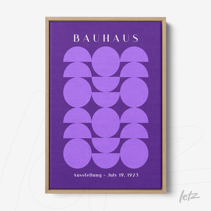 geometric art print in purple with semicircular shapes and light wood frame