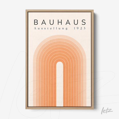 poster print with minimalist design of orange arches in a light wood frame