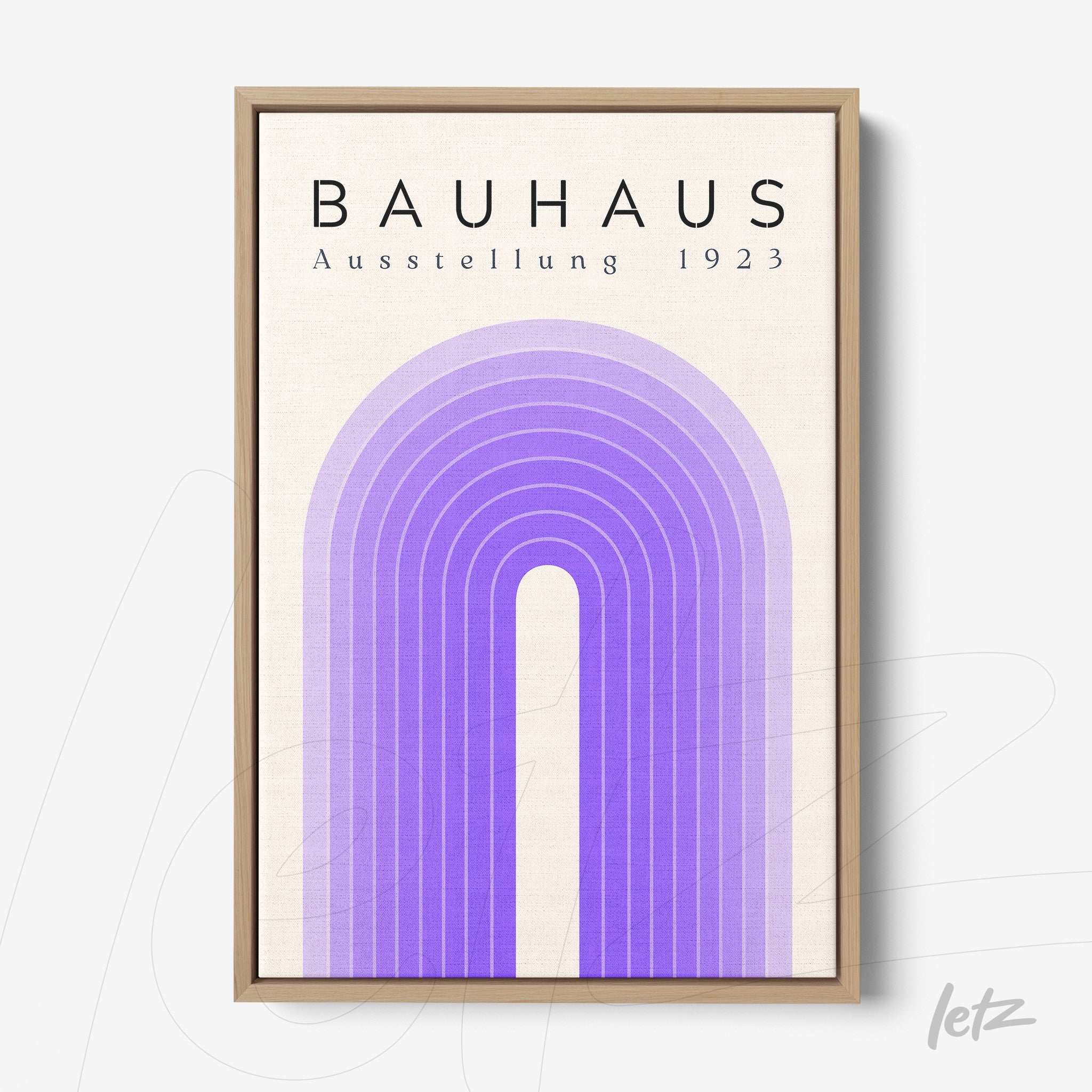 poster featuring purple geometric bauhaus style art with light wood frame