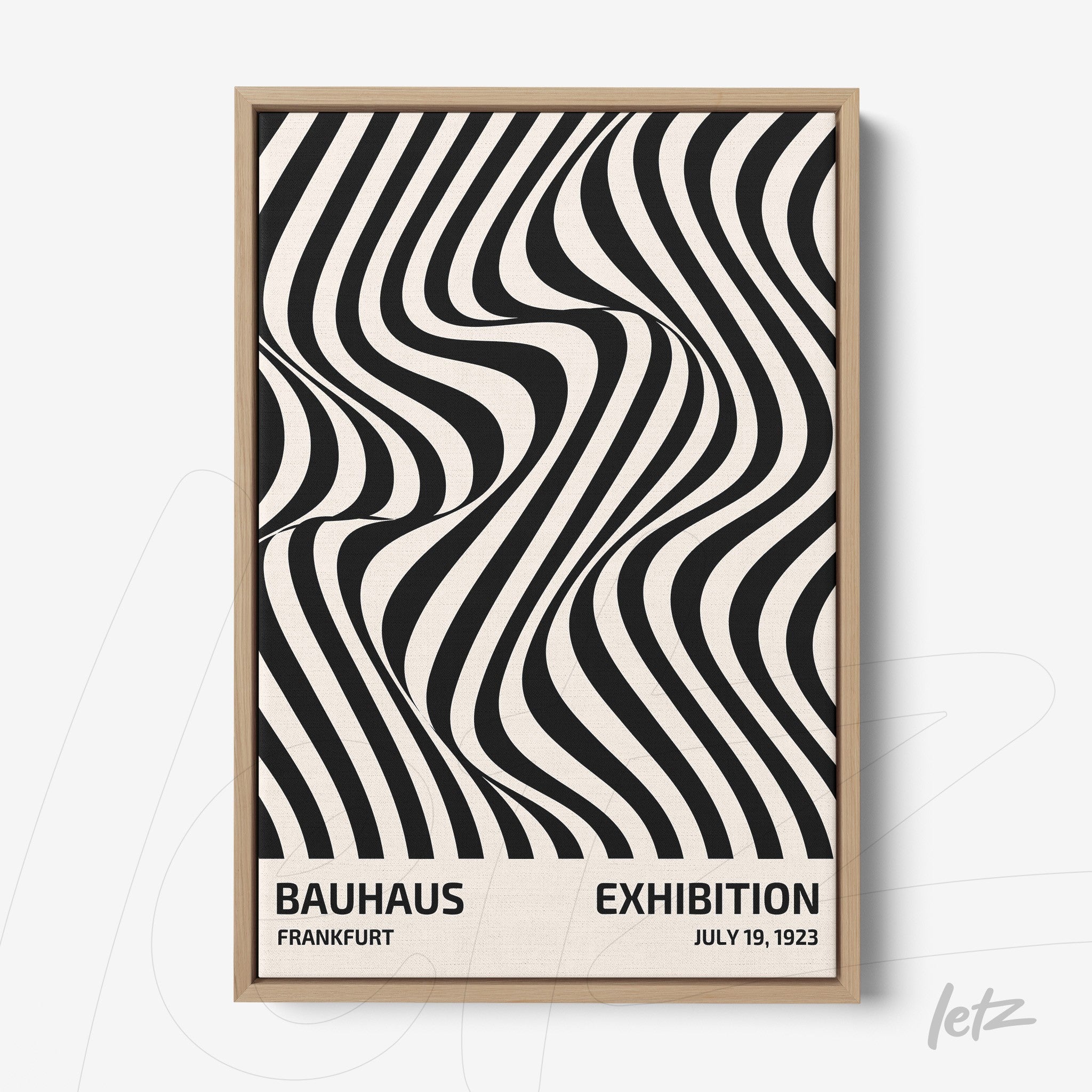poster print featuring black and white wavy lines with bauhaus exhibition text in light wood frame