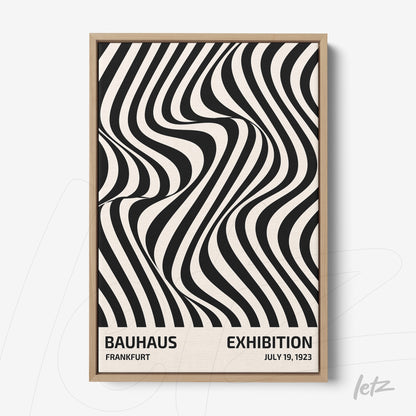 poster print featuring black and white wavy lines with bauhaus exhibition text in light wood frame