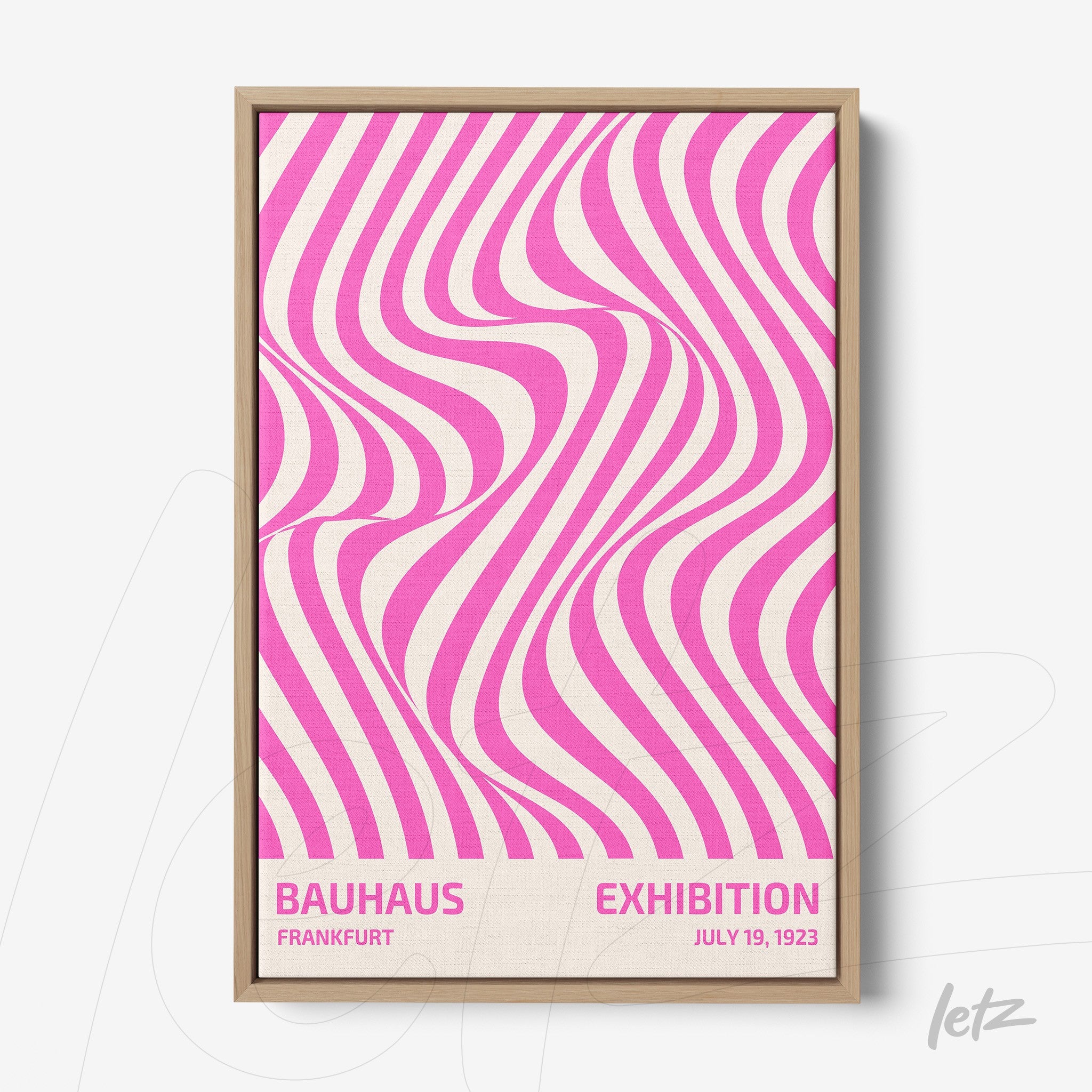 poster with vibrant pink wavy pattern in light wooden frame