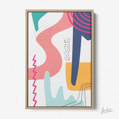 quadro estilo abstrato com formas geométricas coloridas e moldura de madeira clara