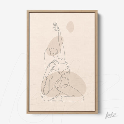 framed minimalist line art illustration of a woman in a yoga pose with light wood frame