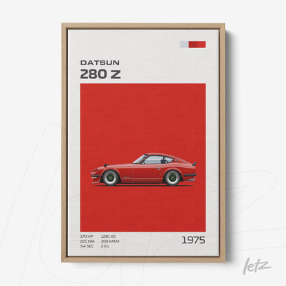 framed minimalistic art of Datsun 280 Z car on red background with light wood frame
