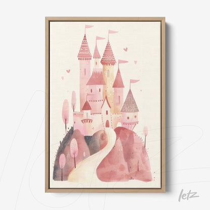 framed artwork of a pink castle in a whimsical style with soft pastel colors