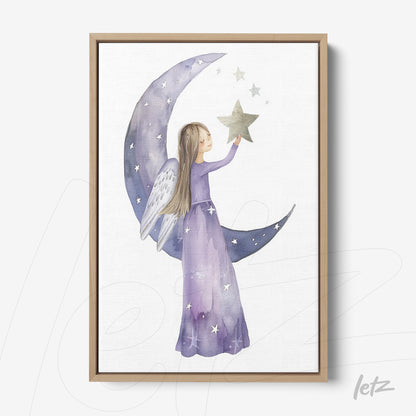 framed artwork of a girl angel in a lilac dress holding a star beside a crescent moon with a white background and light wooden frame