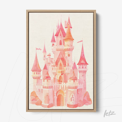 framed wall art featuring a digital illustration of a castle in shades of pink and orange with a light wood frame