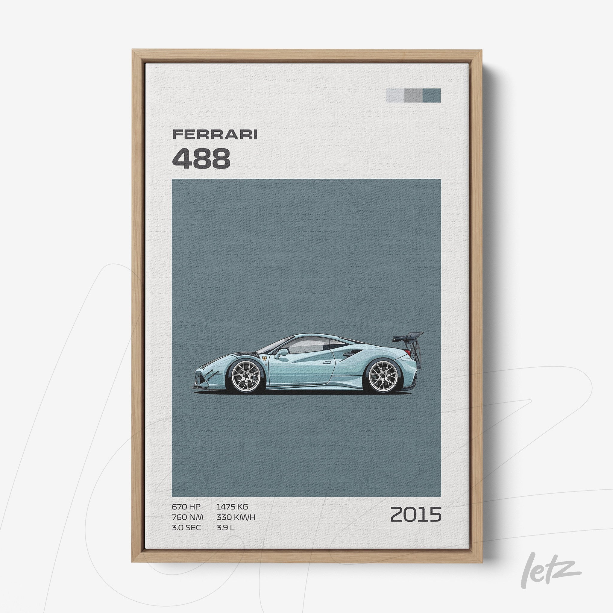 framed graphic art of the ferrari 488 car with light wood frame