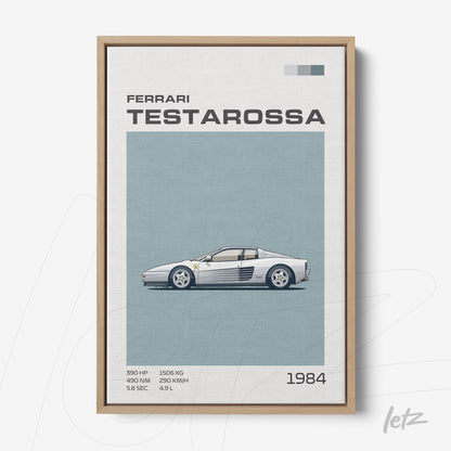 framed wall art featuring a minimalist illustration of a Ferrari Testarossa sports car with a light wood frame