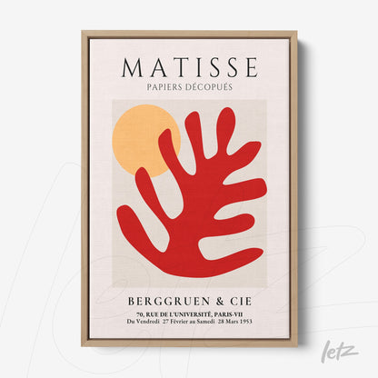 framed contemporary art print featuring abstract shapes in red and yellow by Matisse on a light background