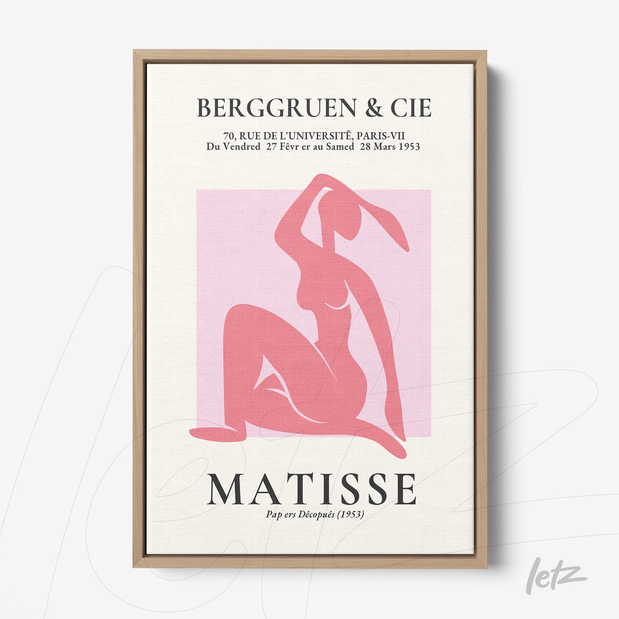 framed art piece featuring a modern style feminine figure in shades of pink with a light pink background and light wood frame