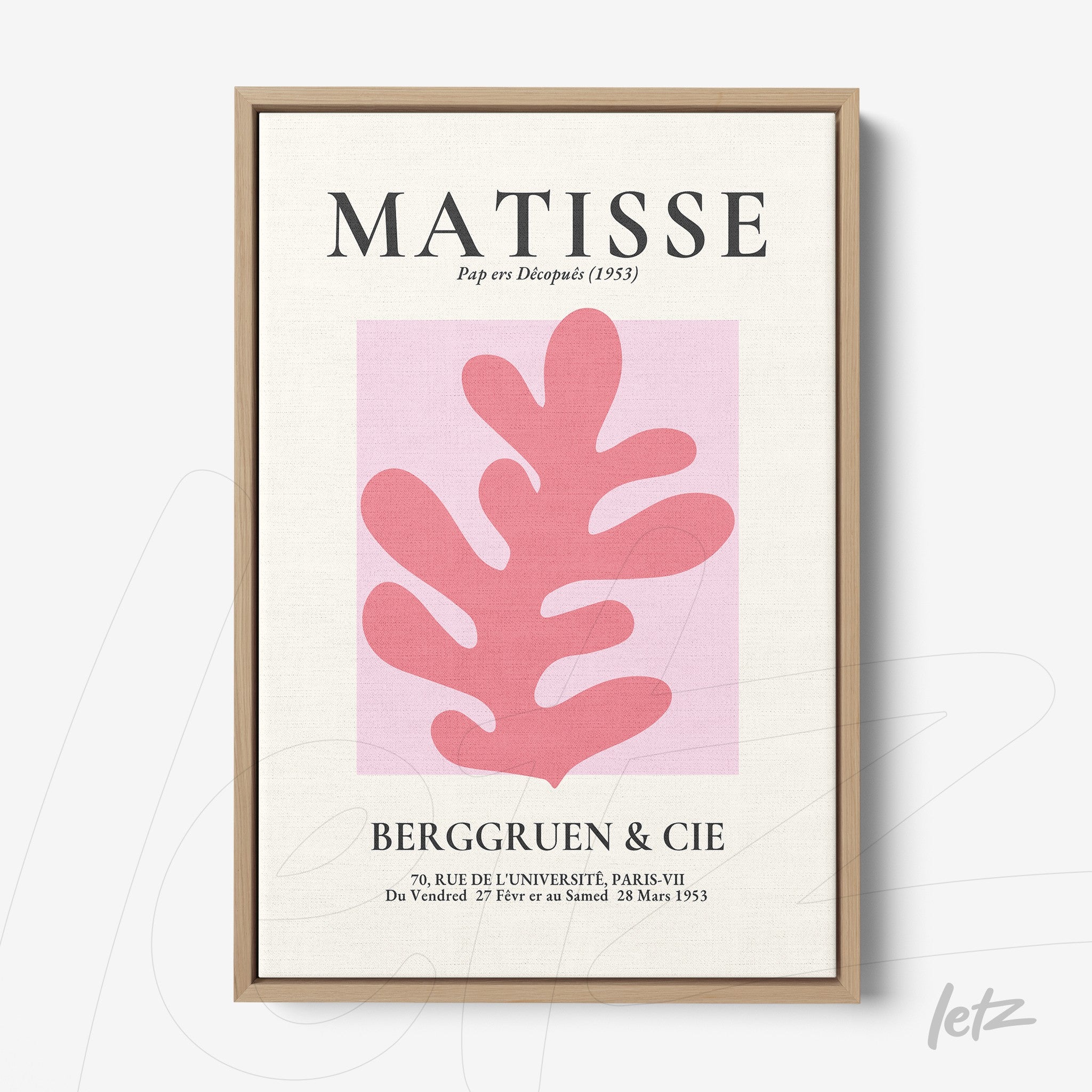framed wall art featuring contemporary design with a pink leaf shape on a pink background and stylized text at the top