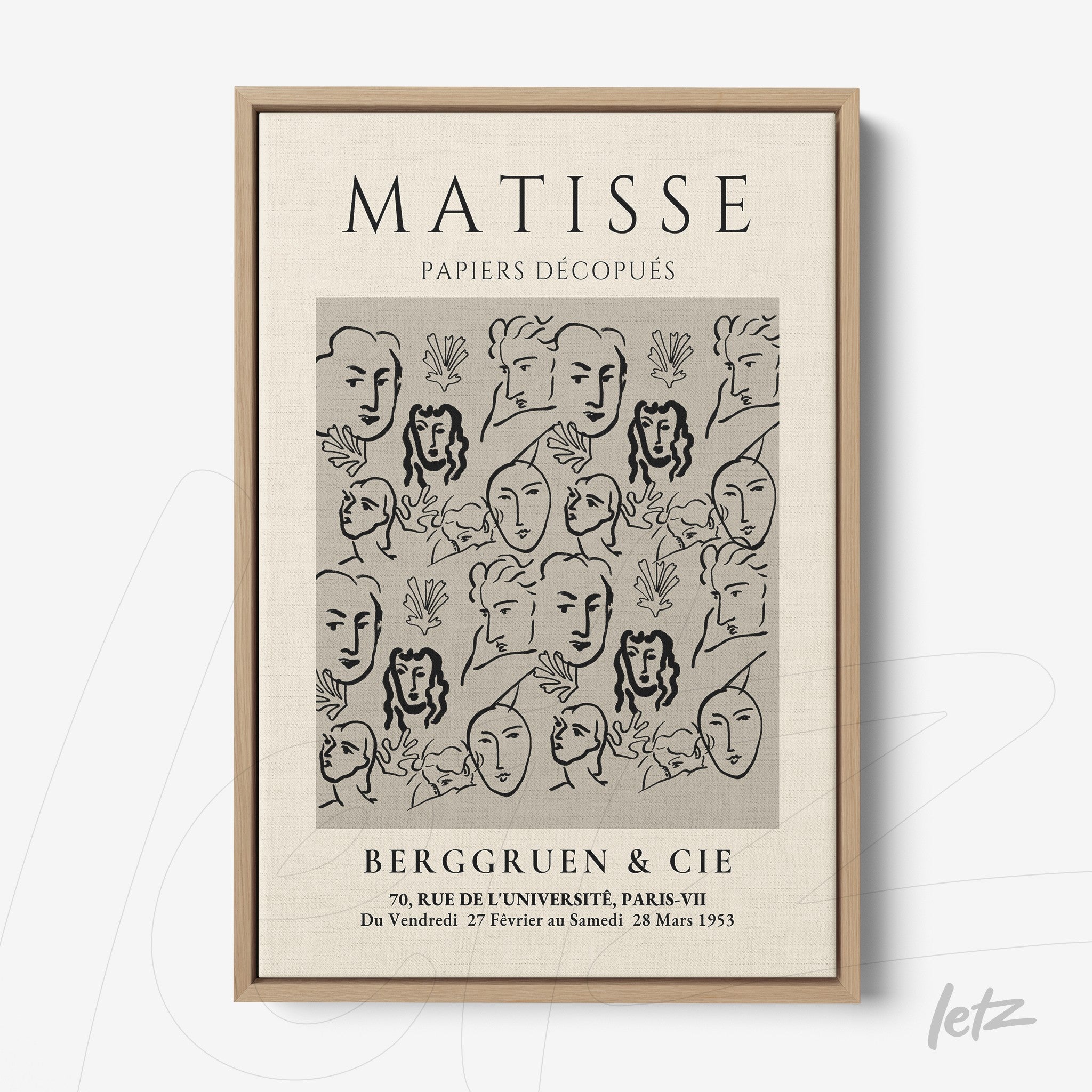 decorative art inspired by matisse featuring faces and figures in neutral tones framed in light wood frame