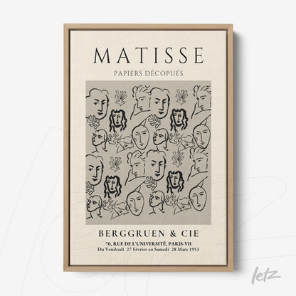 decorative art inspired by matisse featuring faces and figures in neutral tones framed in light wood frame