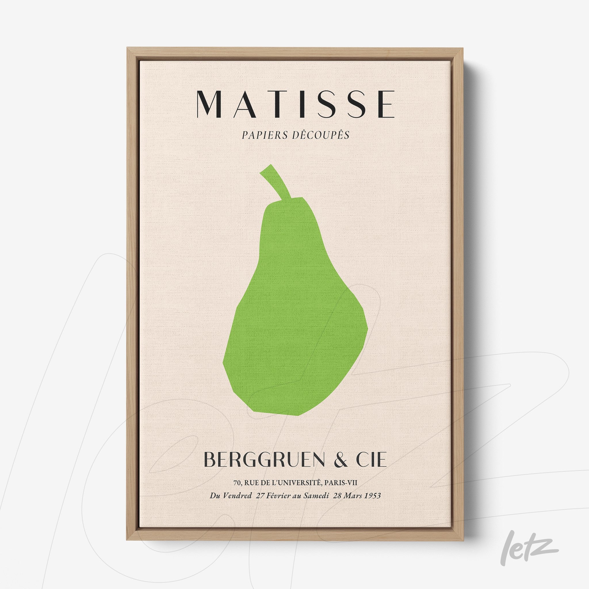 framed artwork featuring a geometric pear design in vibrant colors, inspired by Matisse