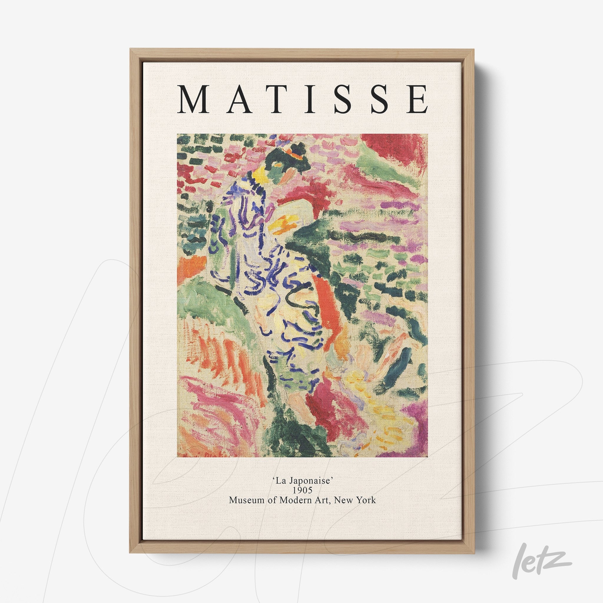 framed modern art by Matisse featuring the piece 'La Japonais' with a light wood frame