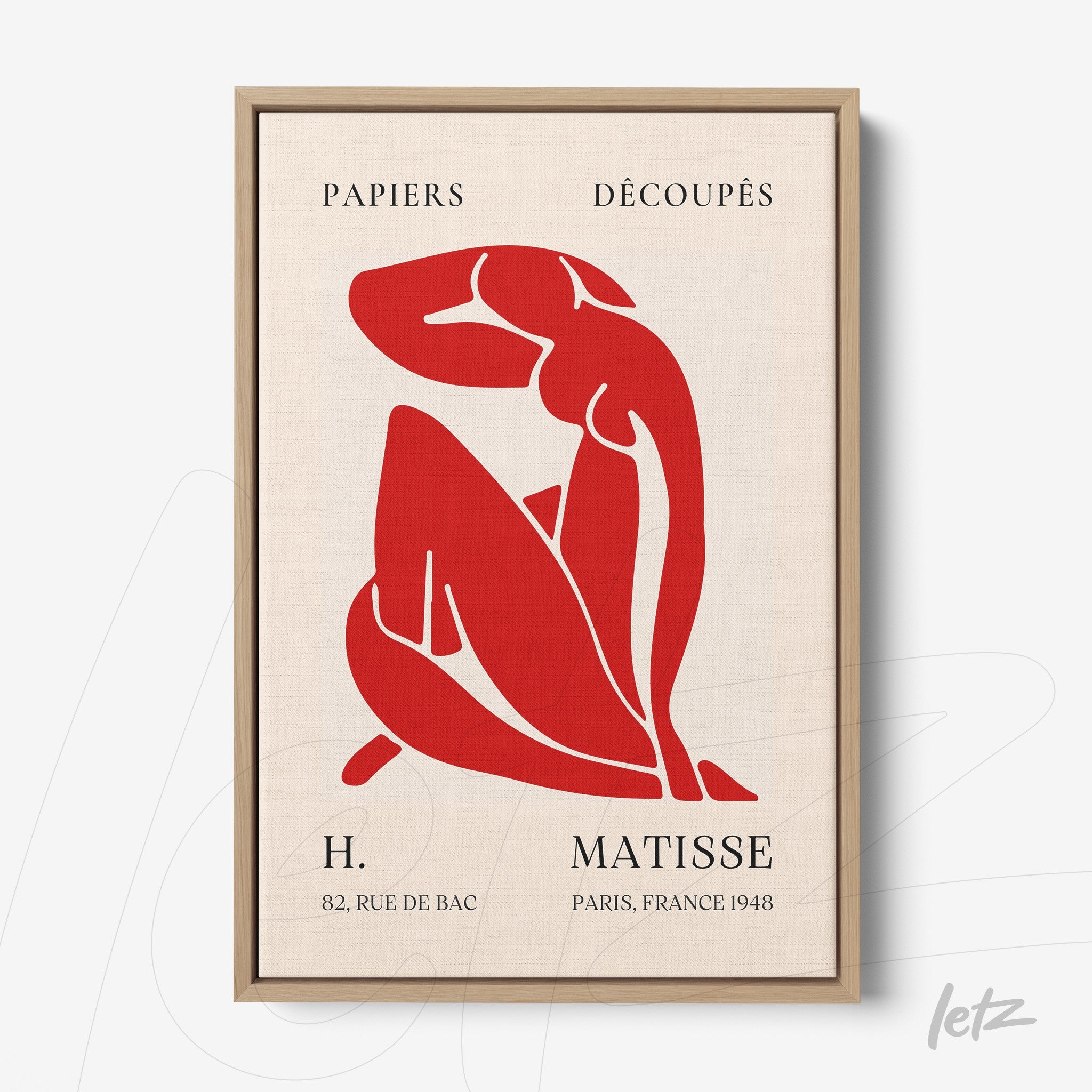 framed wall art featuring a red human figure on light background, inspired by Matisse's cut-outs