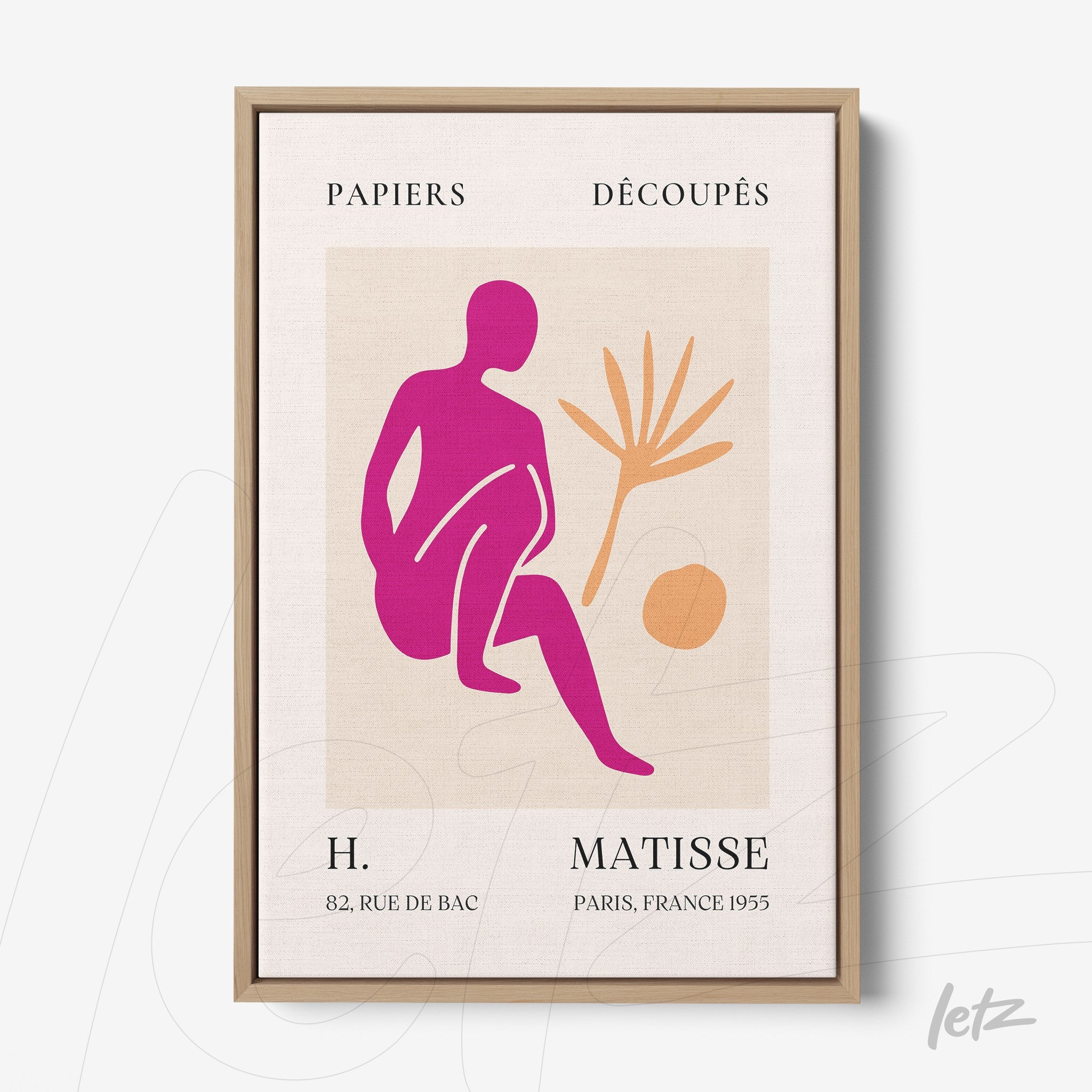 framed modern art depicting a female figure in pink tones with leaves and a ball on a light background