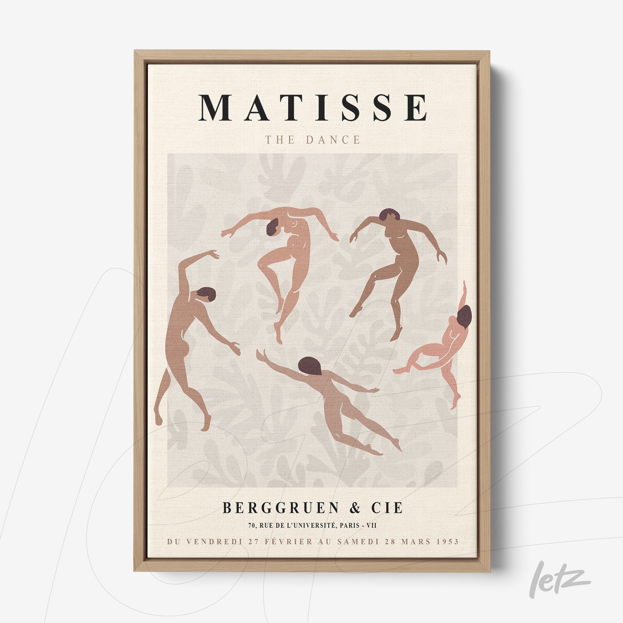 decorative art piece featuring abstract dancers in earthy tones framed in light wood