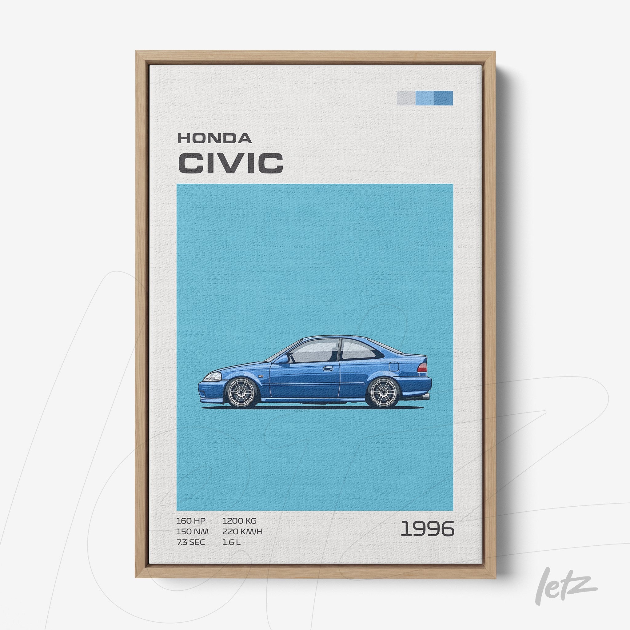 framed wall art featuring an illustration of a 1996 Honda Civic on a blue background with a light wood frame