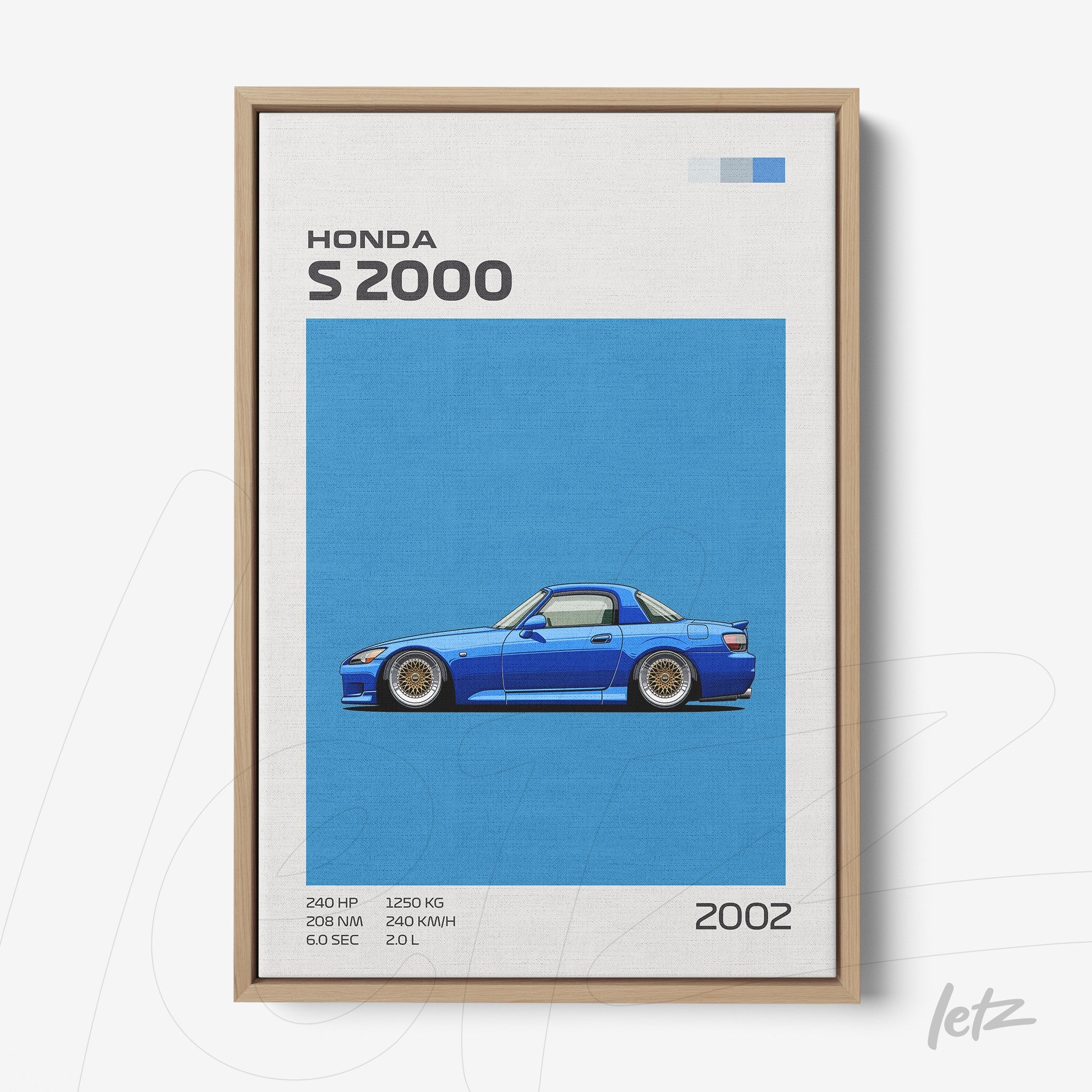 framed wall art featuring an illustration of the Honda S2000 in vibrant blue against a light background with a light wood frame