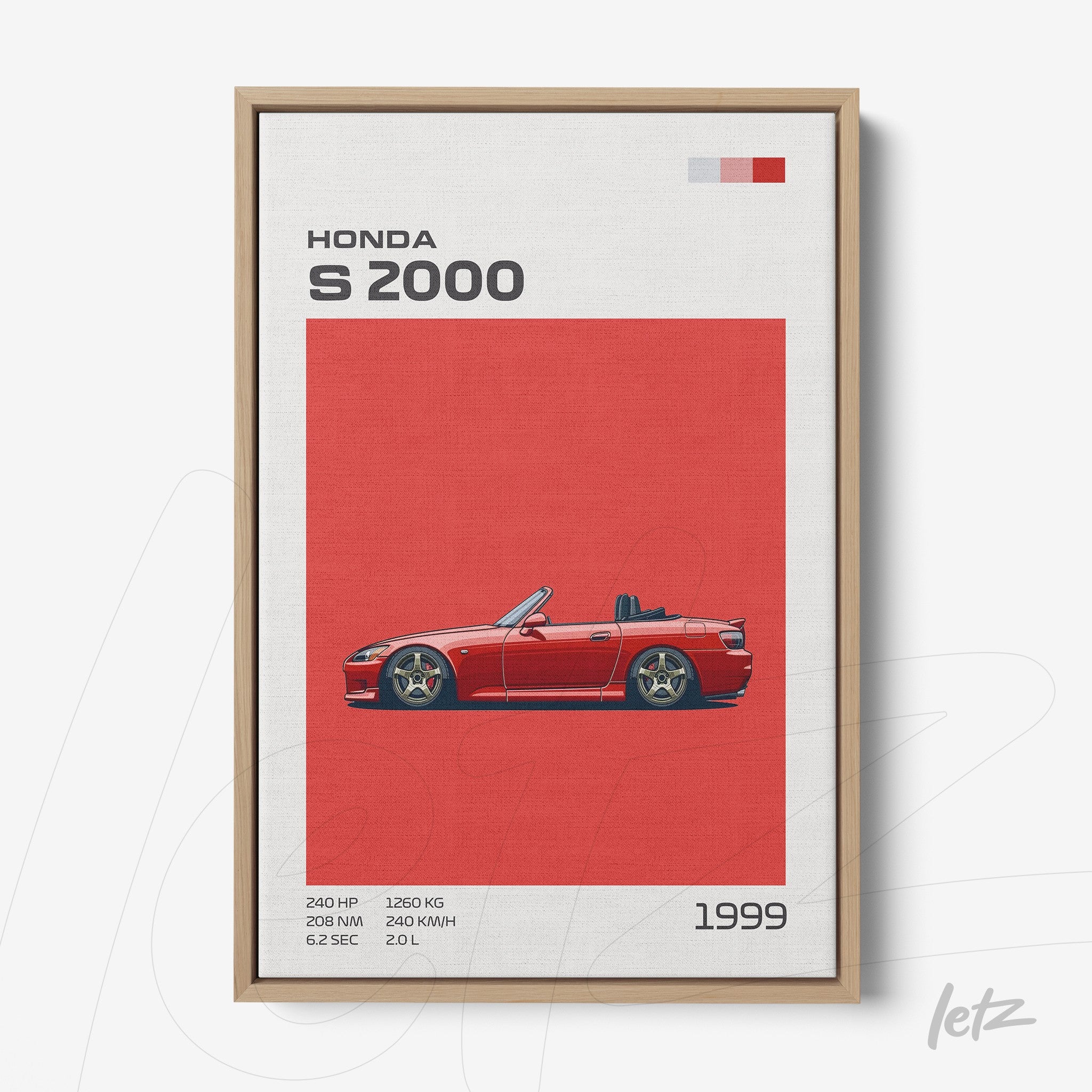 framed digital artwork of the Honda S2000 car in red background with light frame
