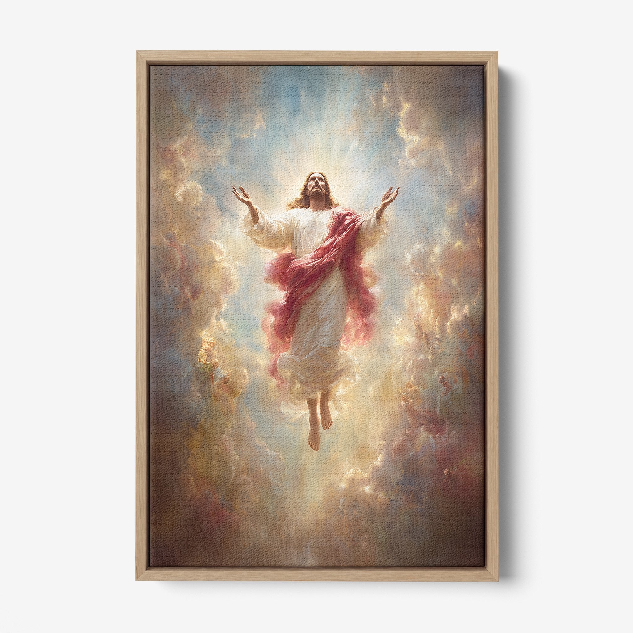 framed artwork depicting jesus in ascension surrounded by illuminated clouds with light tones