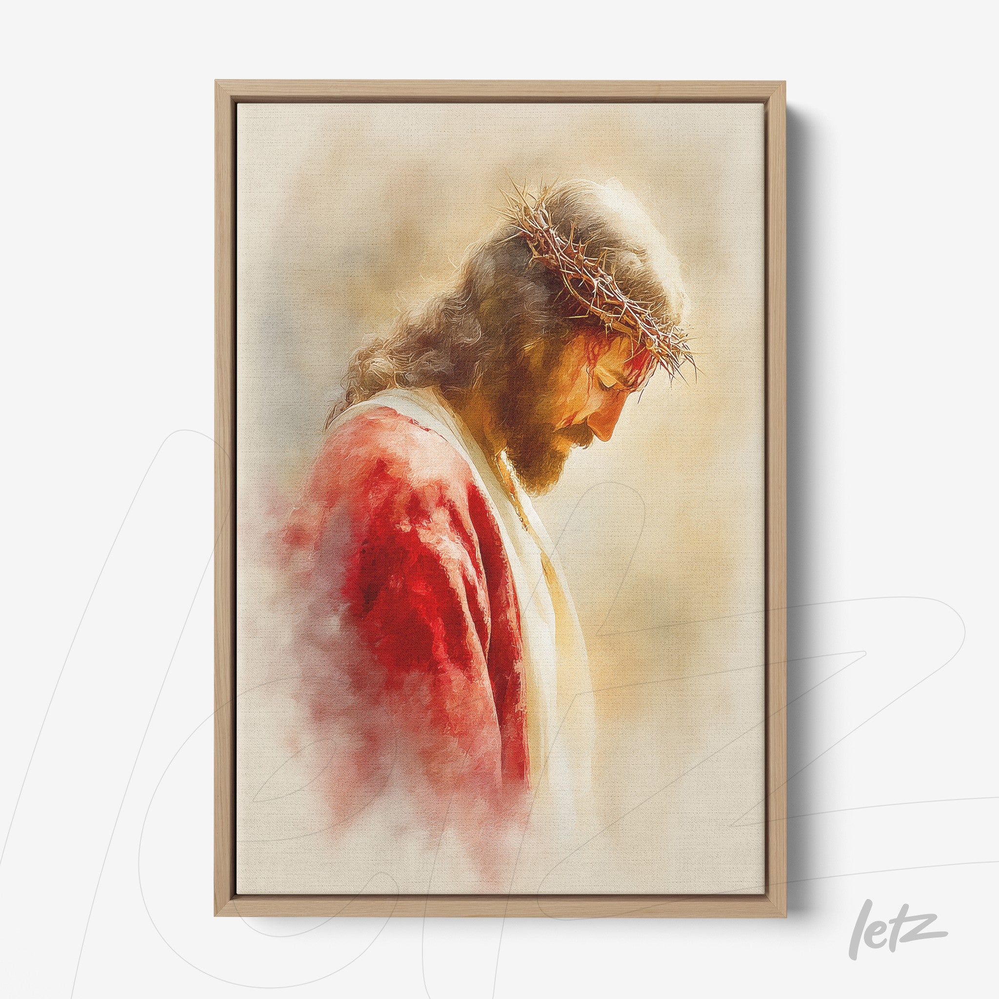 framed artwork featuring an artistic portrait of Jesus with a crown of thorns and red robes