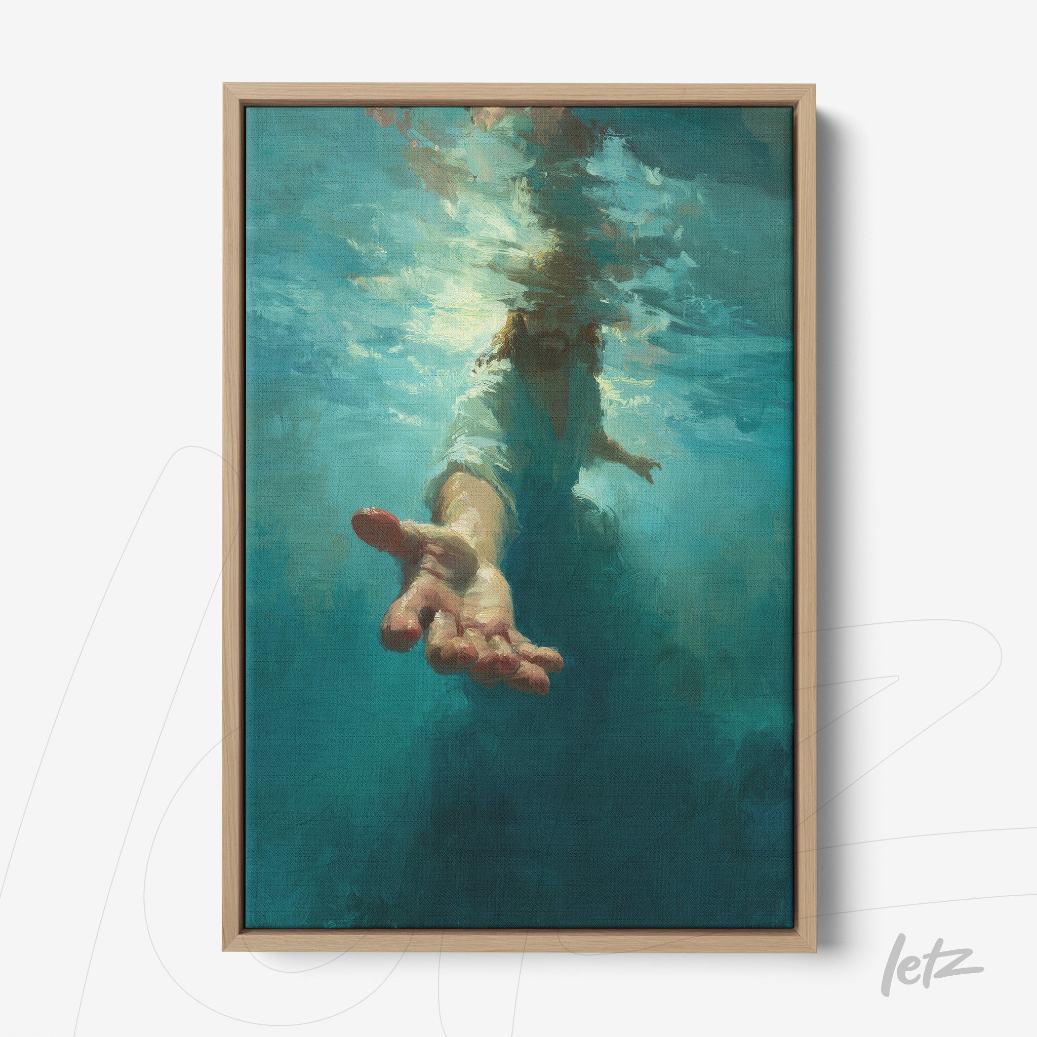 canvas wall art featuring an underwater scene of a hand reaching out for help, framed in light wood