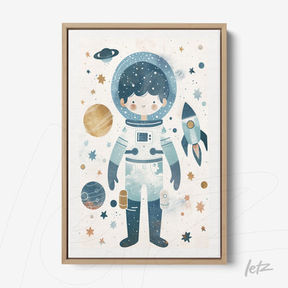 canvas print of a cute astronaut in a space suit surrounded by planets and stars on a light background, light wooden frame