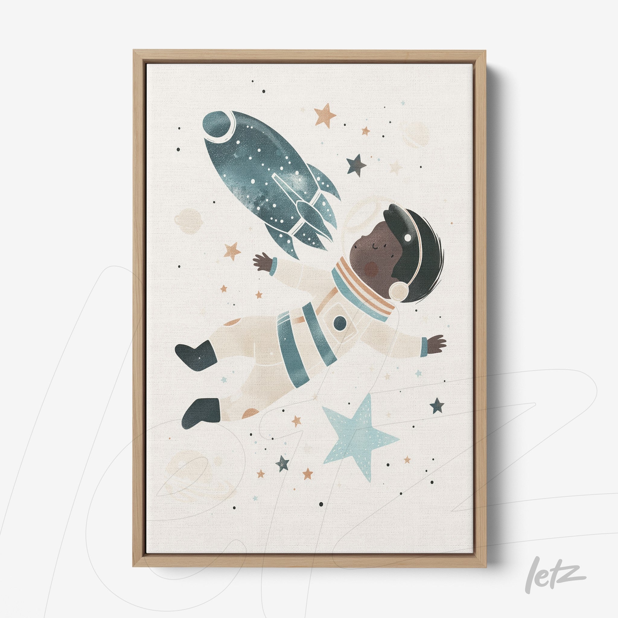 framed wall art featuring a child astronaut floating in a cosmic background with a light wooden frame