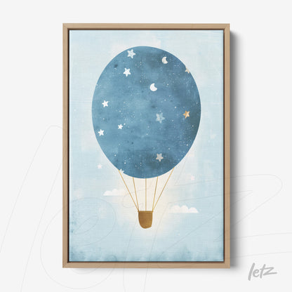 canvas wall art featuring an illustration of a blue hot air balloon on a light background, decorated with stars and small clouds