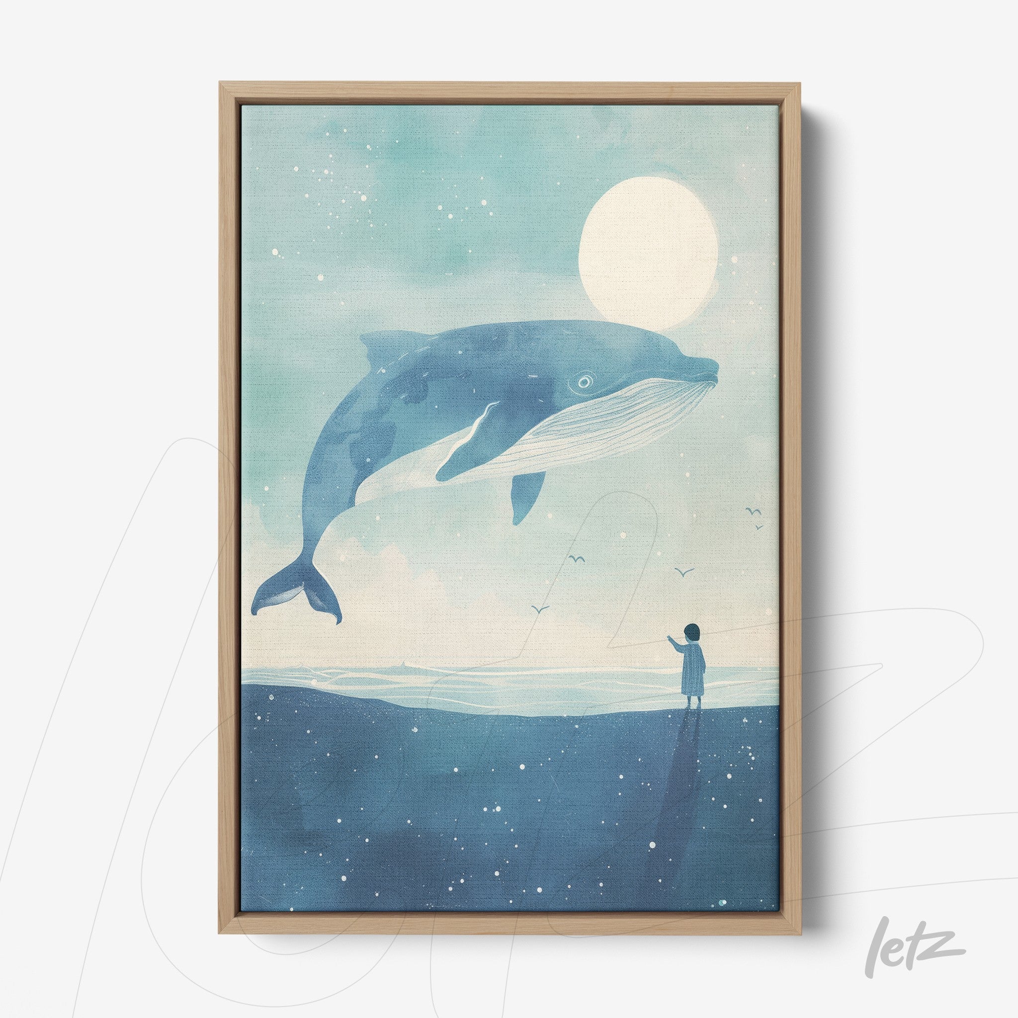 framed art depicting a giant blue whale above the sea under a light sky and full moon, with a person standing on the shore