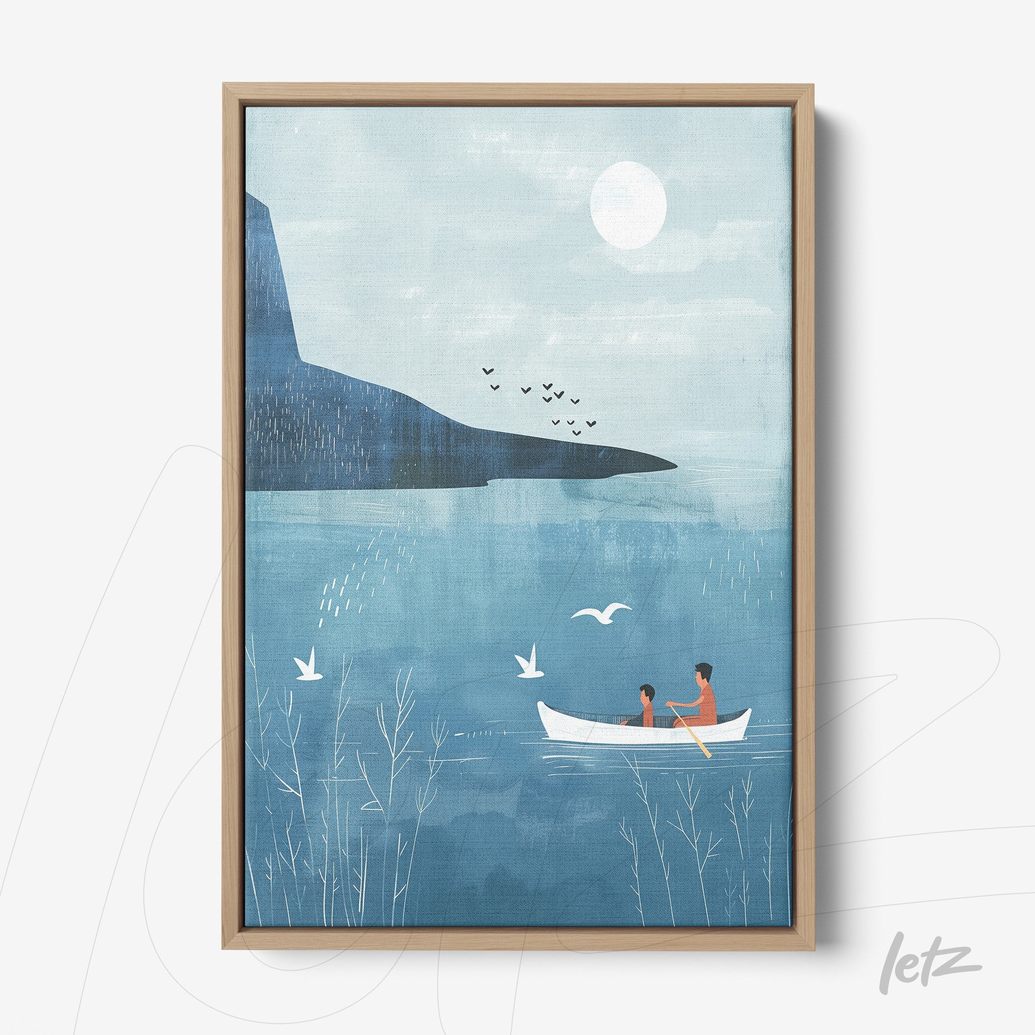 framed artwork featuring a serene illustration of a couple in a boat on a calm lake with a light wood frame