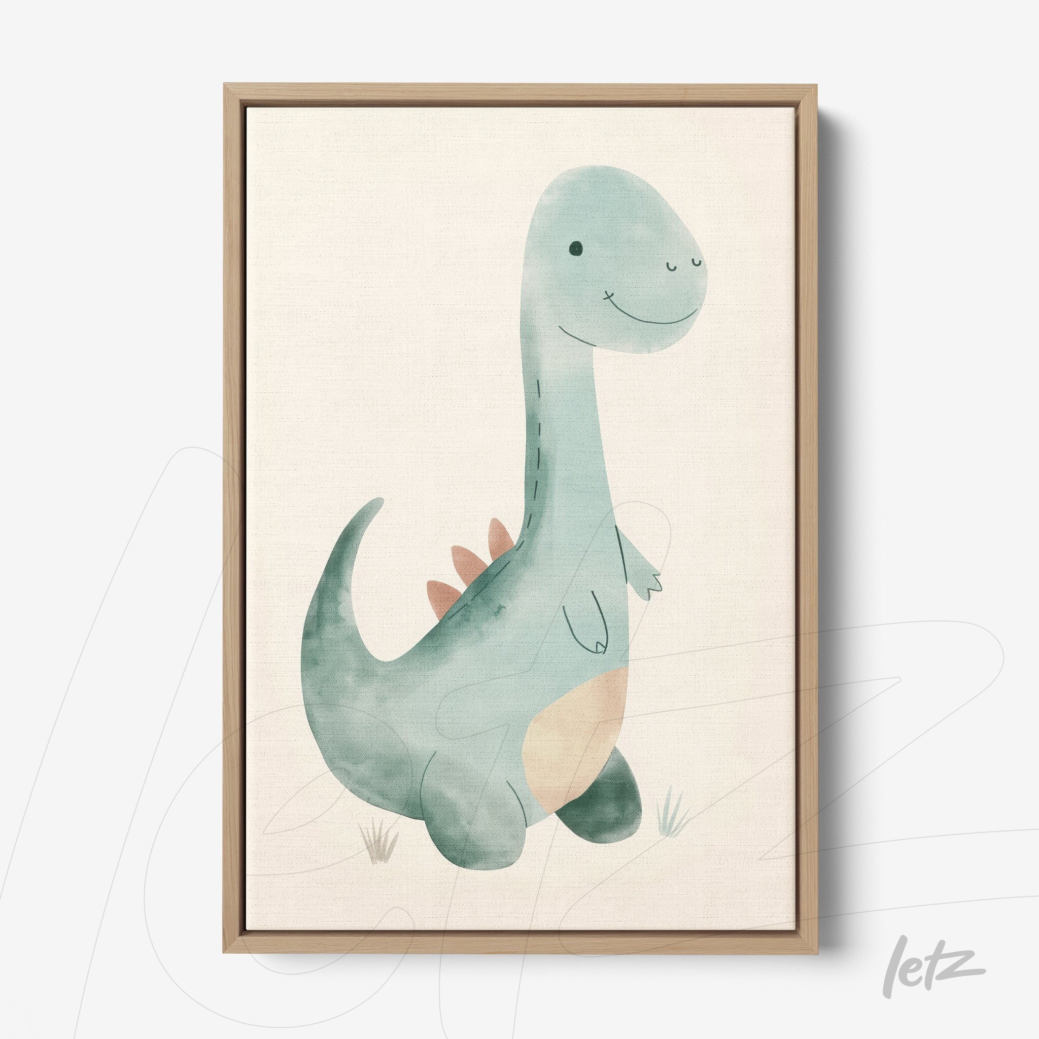 framed watercolor illustration of a friendly dinosaur with a light wood frame